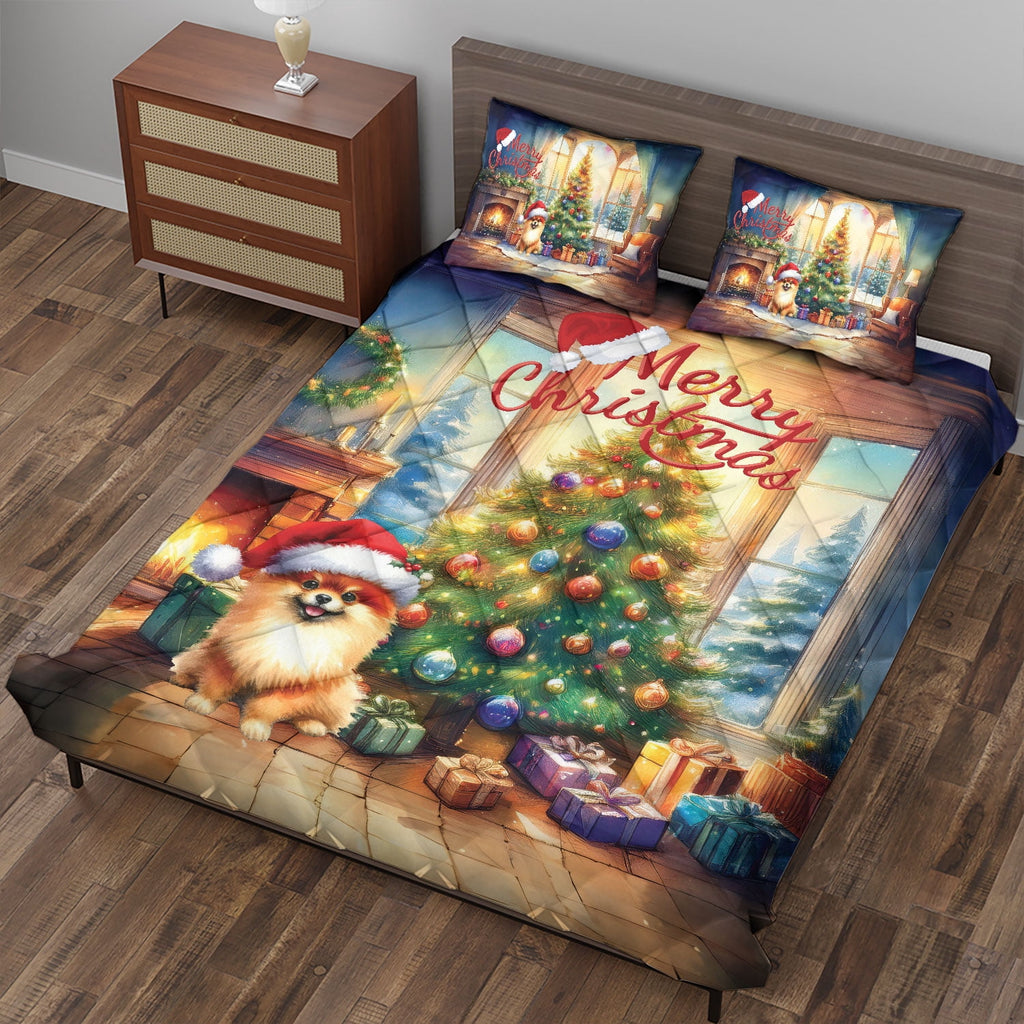 Merry Christmas French Bulldog Santa Hat Xmas Tree Winter Holiday Quilt Bedding Set Dog Lover Gifts 1 Blanket Bed Cover 2 Pillowcases - 01013