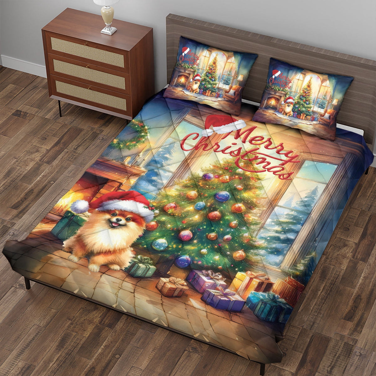 Merry Christmas French Bulldog Santa Hat Xmas Tree Winter Holiday Quilt Bedding Set Dog Lover Gifts 1 Blanket Bed Cover 2 Pillowcases - 01013