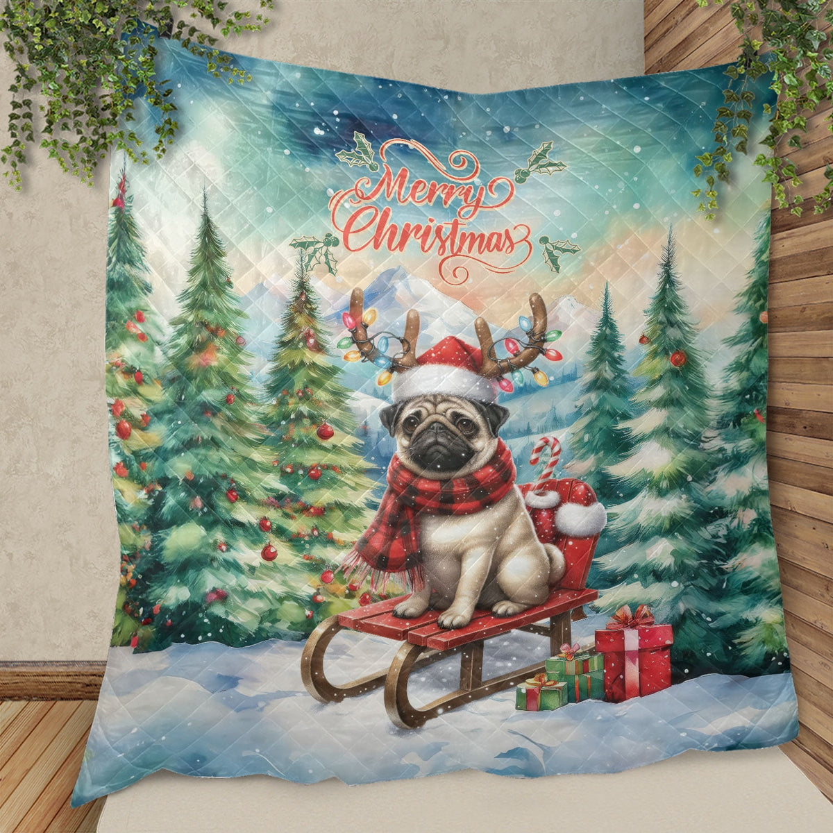 Merry Christmas Santa Reindeer Antlers French Bulldog Sleigh Xmas Winter Holiday Quilt Bedding Set Dog Lover Gifts 1 Blanket Bed Cover 2 Pillowcases - 00023