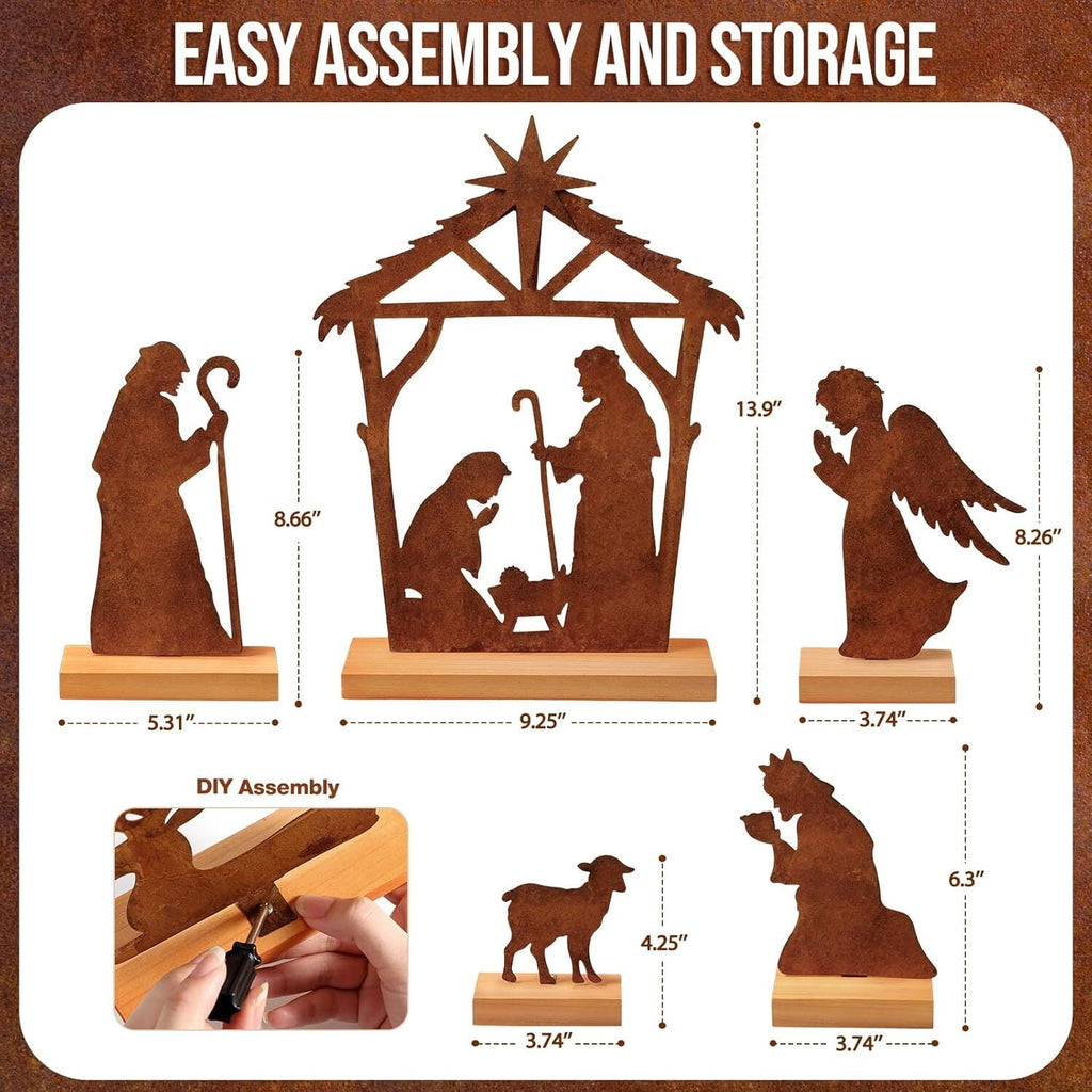 DIFELOP Christmas Table Decoration, Rustic Metal Nativity Scene with Wooden Base, 8-Piece Iron Craft Set for Home Decor, Vintage Style, Brown