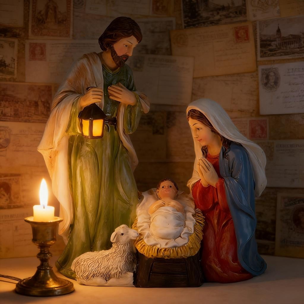 Osdhezcn Friendly Resin Nativity Set LED Light Holy Family Three Persons Christmas Decoration for Indoor Festival Ambiances