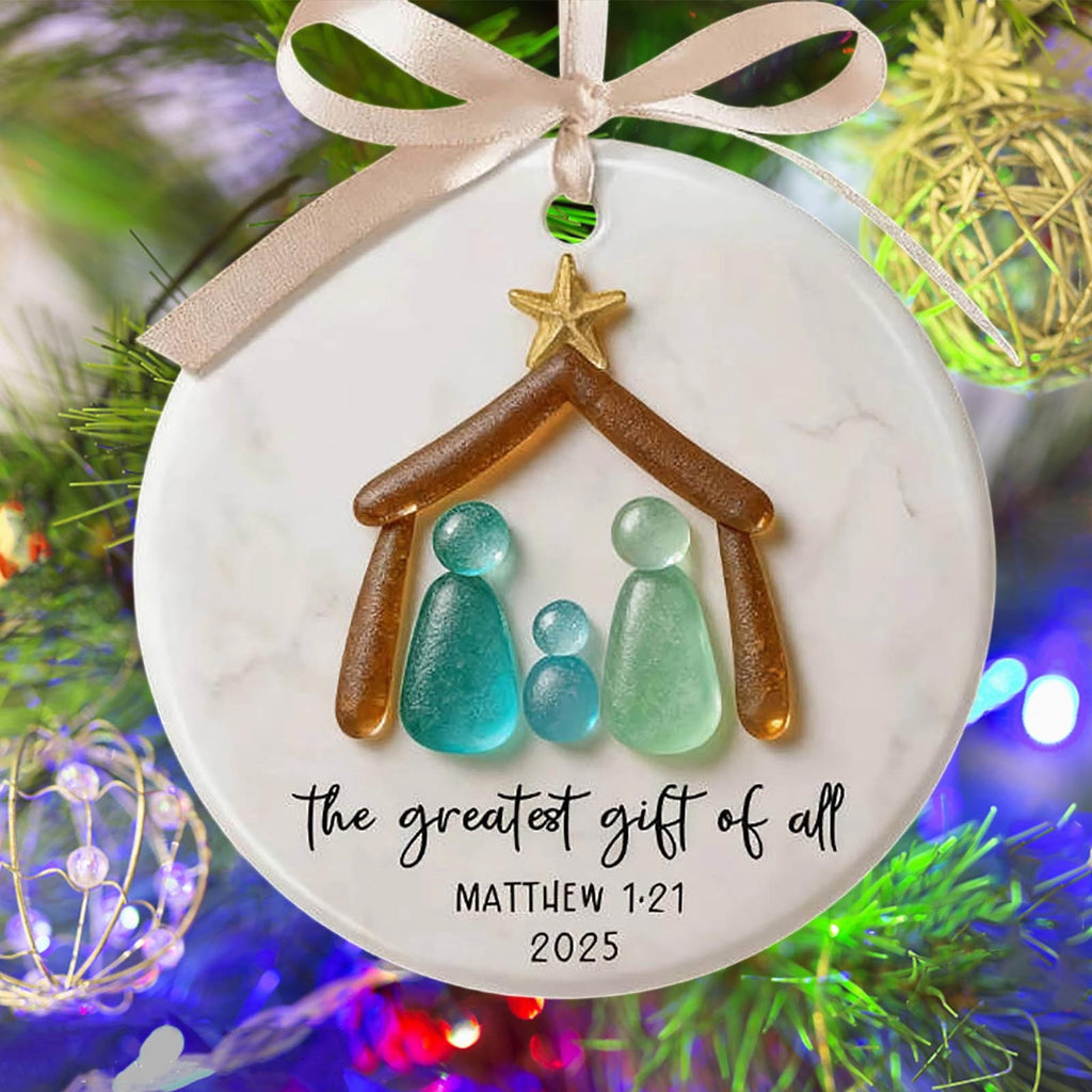 Lunxisen 1 Pcs Sea Glass Nativity: Jesus’ Birth Christmas Ornament,Coastal Inspired Sea Glass Nativity Ornament,Handmade Nativity Scene, with Shells and Starfish