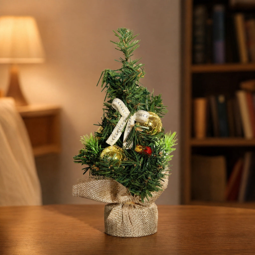 Surpdew Mini Christmas Tree Table Top Decorations- 9" Artificial Small Pine Trees with Burlap Base on Desktop, Shelves, Bedroom, Miniature Scenes Xmas for Home, Office, Party Decor