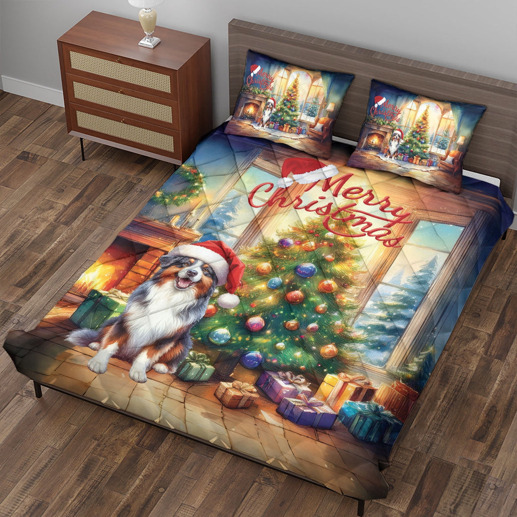 Merry Christmas French Bulldog Santa Hat Xmas Tree Winter Holiday Quilt Bedding Set Dog Lover Gifts 1 Blanket Bed Cover 2 Pillowcases - 01013