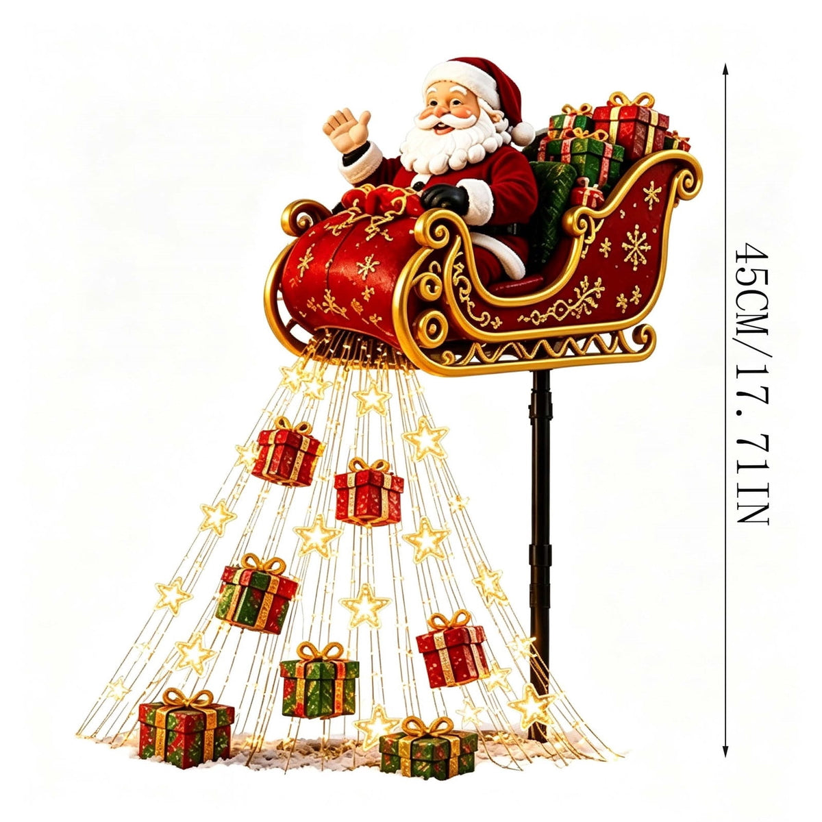 Luckky Santa’s Flying Sleigh Gift Cascade Solar Christmas Garden Light,Warm Golden Cascading LED Lights with Falling Gifts & Star,Solar Powered Outdoor Holiday Decor for Lawn,Pathway & Yard