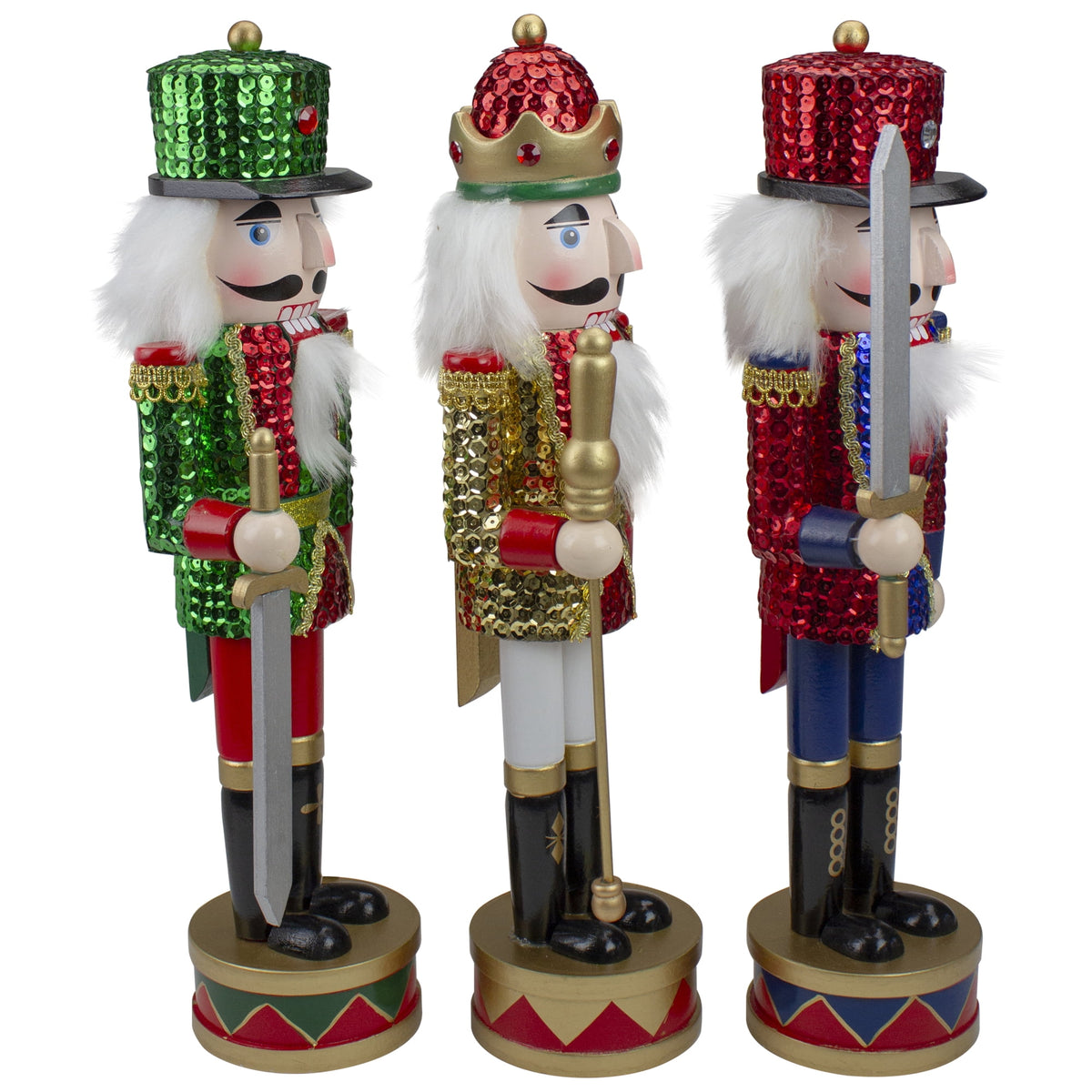 Nutcracker Factory Set of 3 Red Sequin Jacket Wooden Christmas Nutcrackers 14.25"
