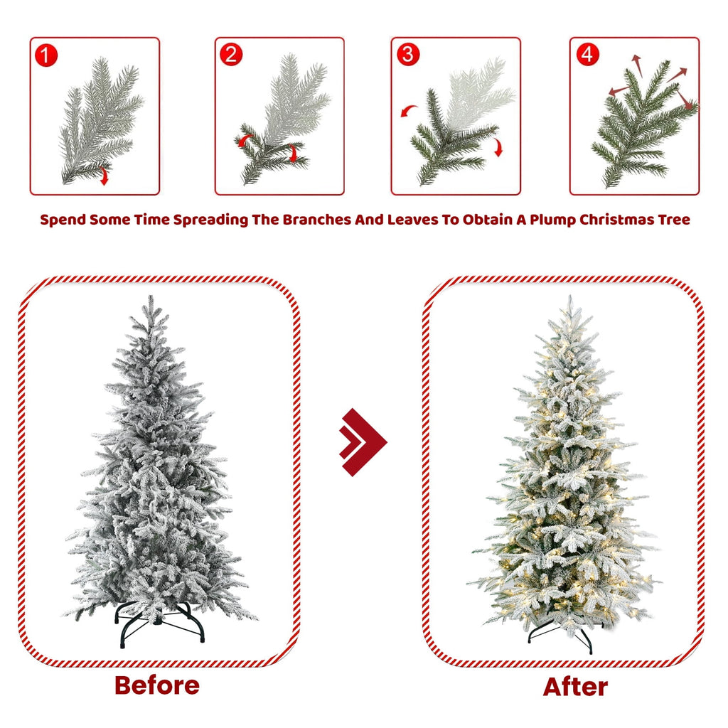 Makeatree 6 ft Prelit Snow Flocked Christmas Tree Frosted Artificial Xmas Tree with Multicolor Lights &1582PE PVC Tips, 9 Color Modes