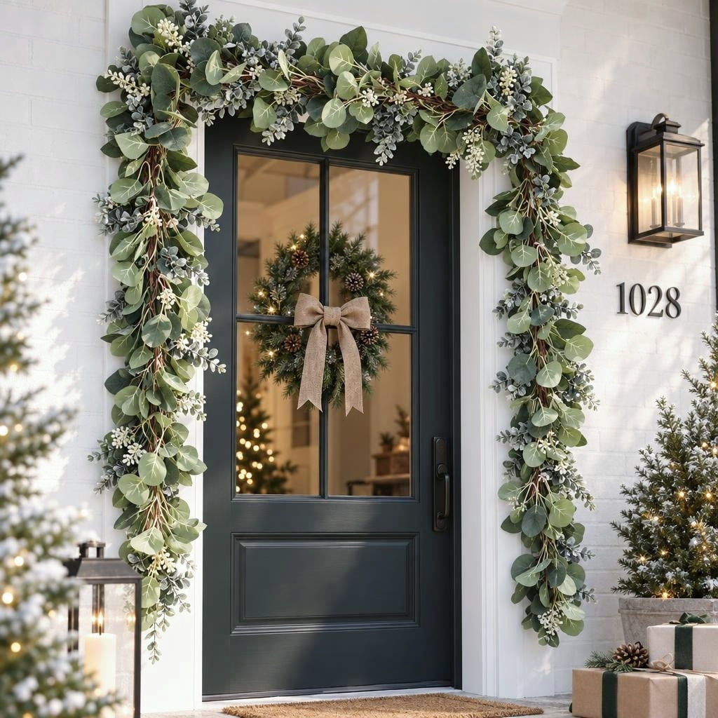 Scidweet Christmas Eucalyptus Garland, 2 Pcs 6.56 FT Artificial Greenery Garland Silver Dollar Leaves Boxwood Vines with White Buds for Home Wedding Party Table Mantle Xmas Decor
