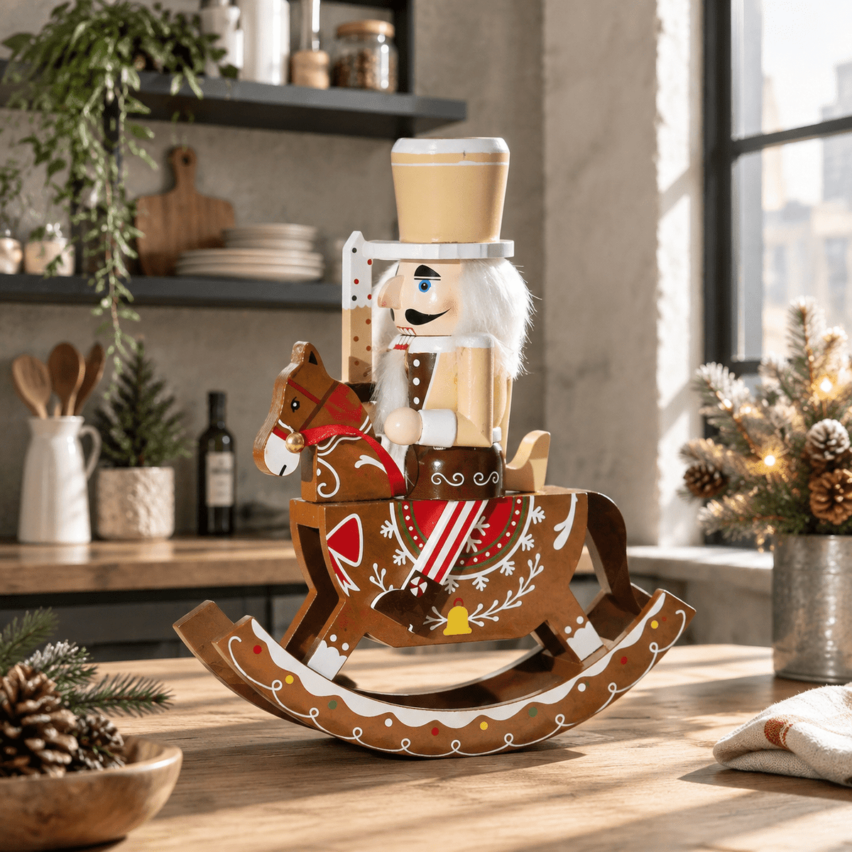 Gingerbread Wooden Nutcracker Rocking Horse Soldier Figurine 10 In Indoor Christmas Decor