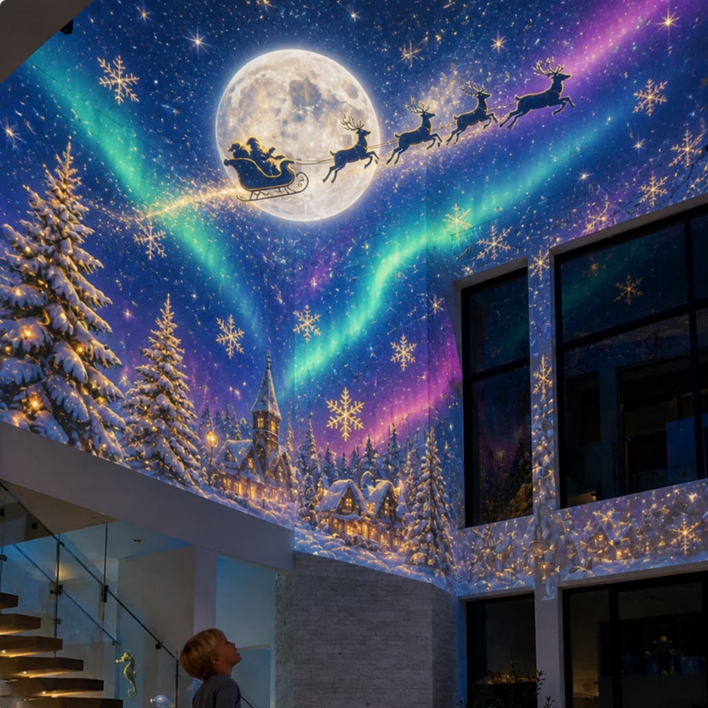Magical Christmas Projection Night Light, USB Powered Holiday Projector with Festive Wall and Ceiling Effects for Bedroom, Living Room and Christmas Party Ambiance