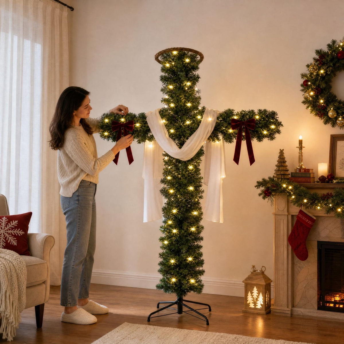5ft Christmas Cross Tree with Bow & Scarf, Religious Christmas Tree with Warm LED Lights