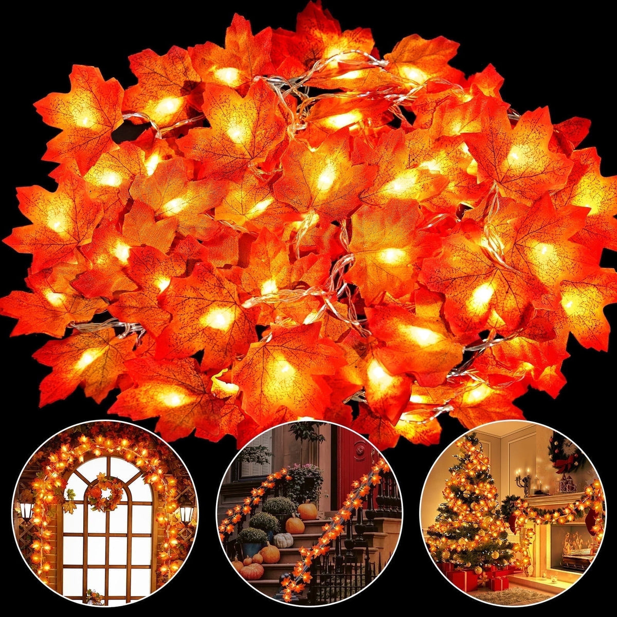 Scidweet 6 Pack Fall Garland with Lights, 60FT 120 LED Fake Autumn Maple Leaves Garland Indoor Outdoor Fall Decorations for Home Patio Party Table Thanksgiving Harvest Halloween Decor, Orange
