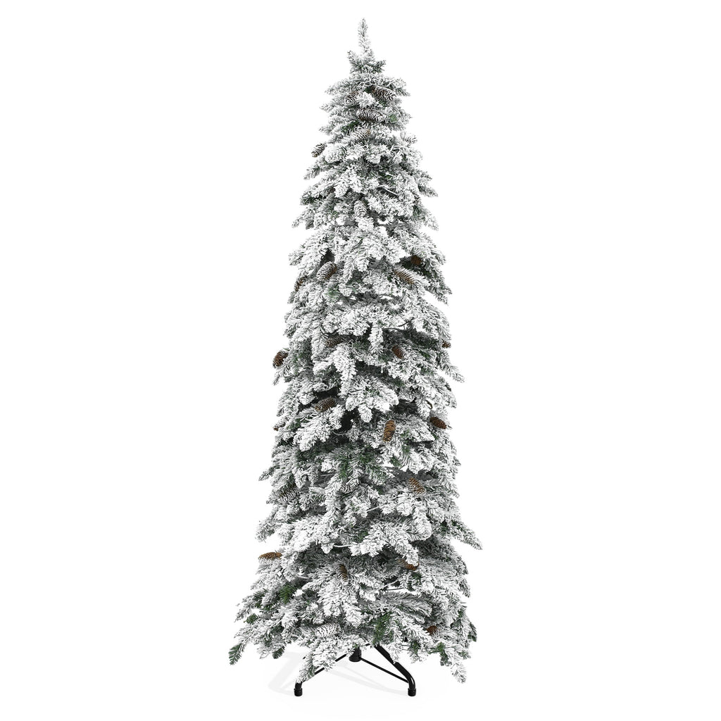 Uforic 9ft Pre-lit Flocked Pencil Spruce Christmas Tree with 1642 Branch Tips & 480 Lights, Remote Control, 11 Light Modes, White Flocked
