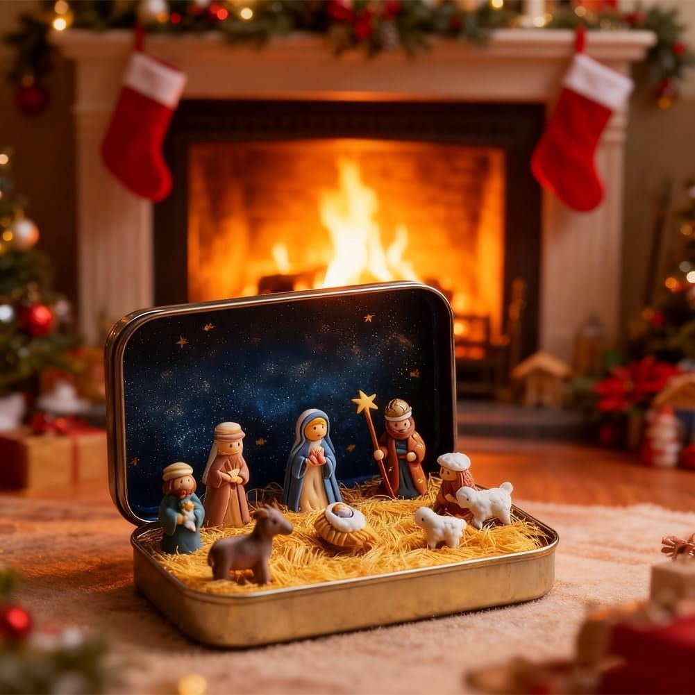 Mini Christmas Nativity Set in a Tin Box,Nativity Sets & Figures,Handcrafted Pocket Bethlehem Scene,Portable Holy Family Display, Small Religious Ornament, for Desk, Shelf,Office