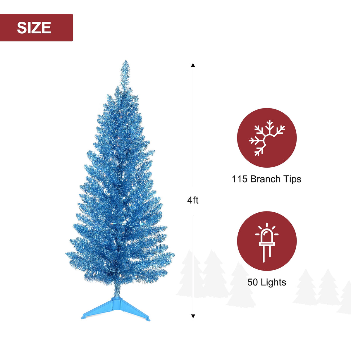 Bringstar 4FT Silver Artificial Christmas Tree with 50 String Lights, Mini Tinsel Tree, Not Pre-Lit, for Halloween & Holiday Home & Office Décor