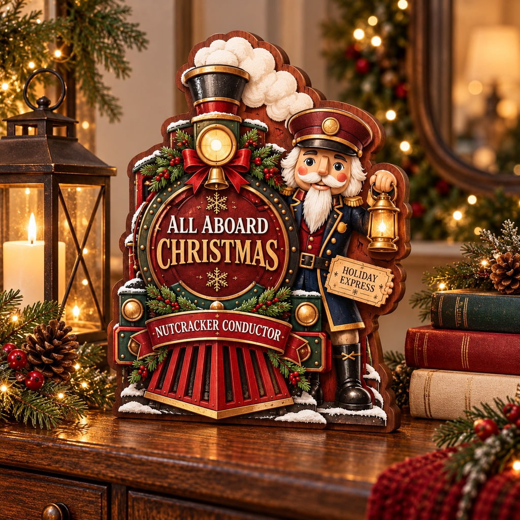 Layered Wooden Tabletop Display Nutcracker Train Conductor Christmas