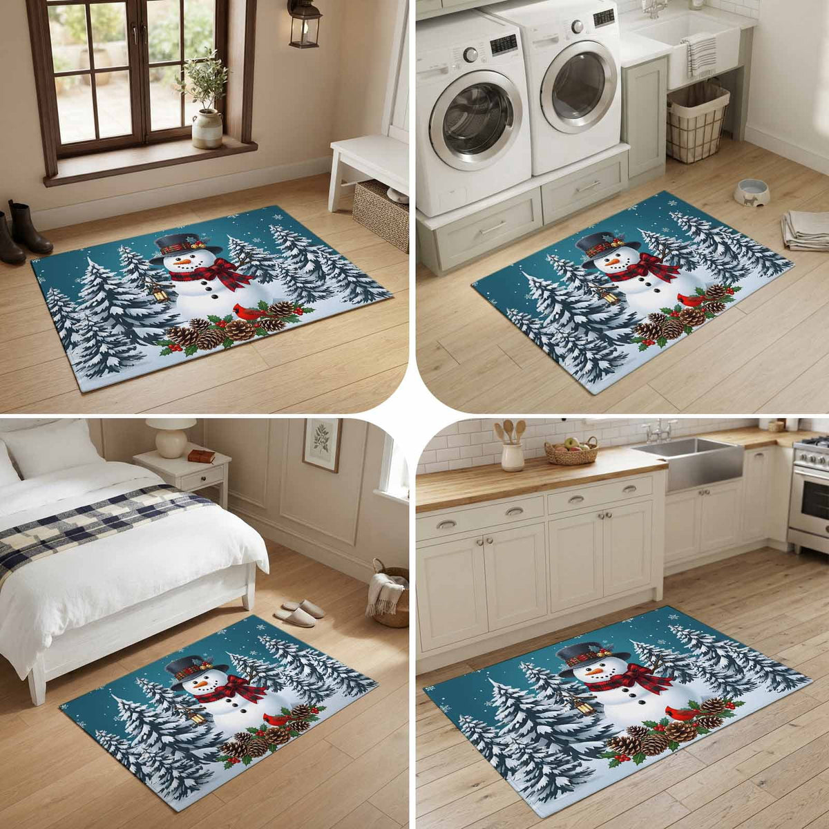 5x7 Area Rugs, Light Blue Snowman Christmas Non-Skid Rubber Backing Large Rectangle Rugs - Living Room Bedroom Home Office, Xmas Pinecone Tree Snowflake Indoor Floor Mat Carpets Washable Rug