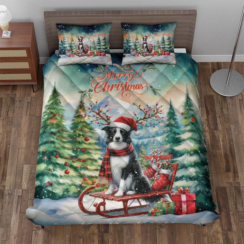 Merry Christmas Santa Reindeer Antlers French Bulldog Sleigh Xmas Winter Holiday Quilt Bedding Set Dog Lover Gifts 1 Blanket Bed Cover 2 Pillowcases - 00023