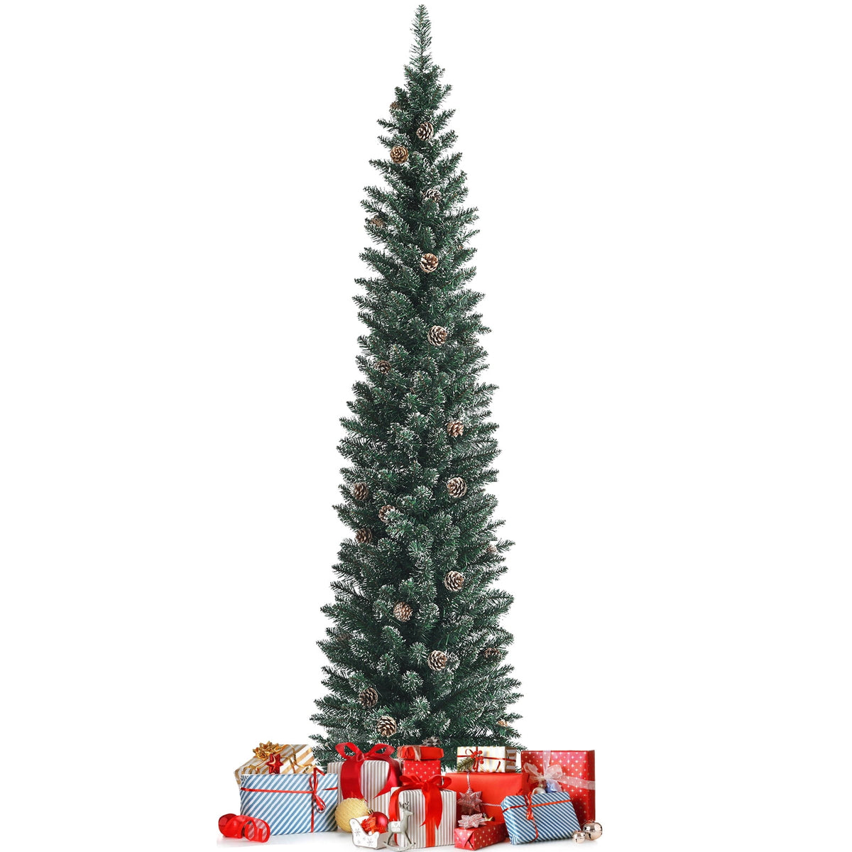 Topbuy 5FT Slim Pencil Tree Snowy Artificial Christmas Tree with 214 PVC Branch Tips & 25 Pine Cones Full Holiday Decoration Tree for Xmas