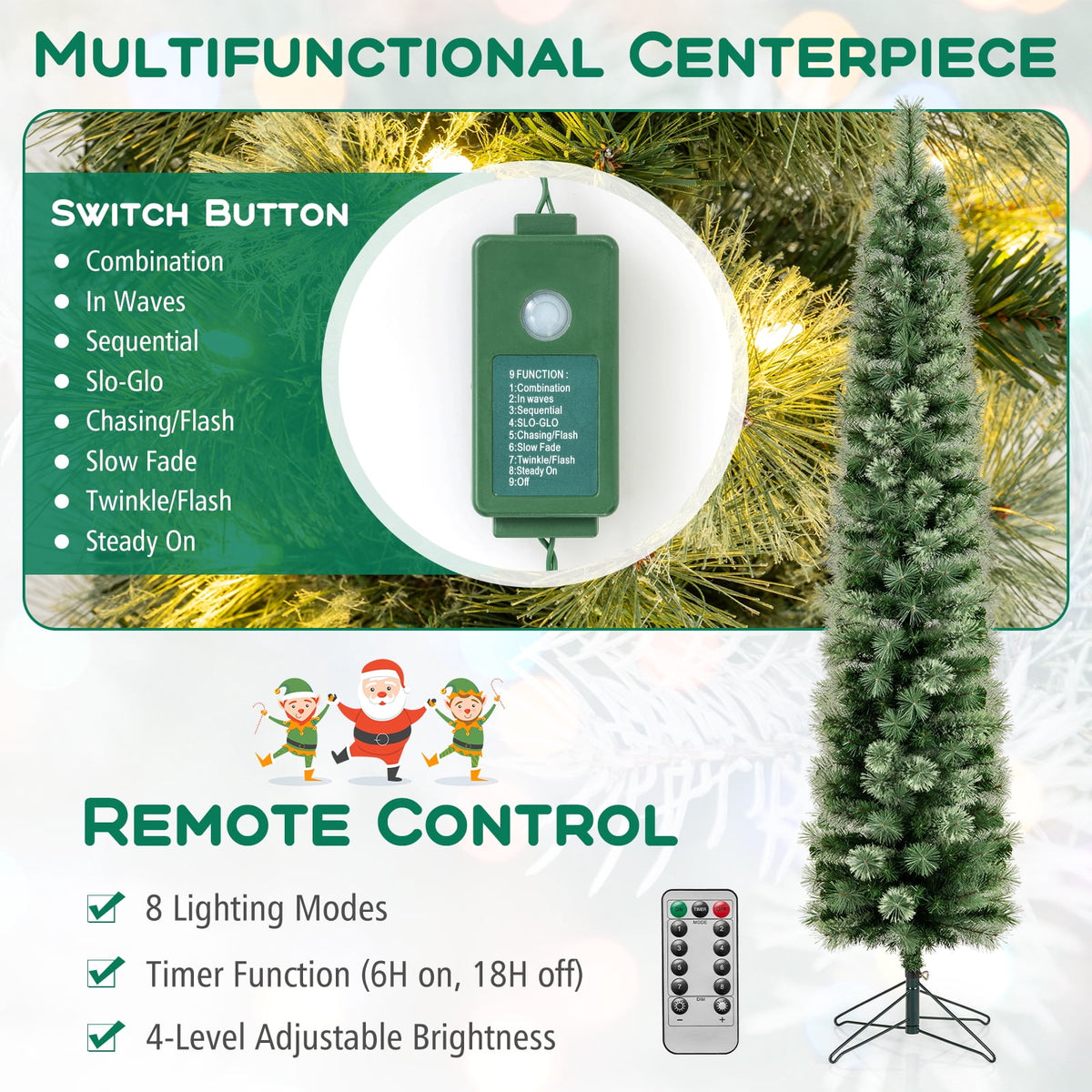 Costway 7 FT Pre-Lit Pencil Artificial Christmas Tree with 150 LED Warm White Lights,8 Modes