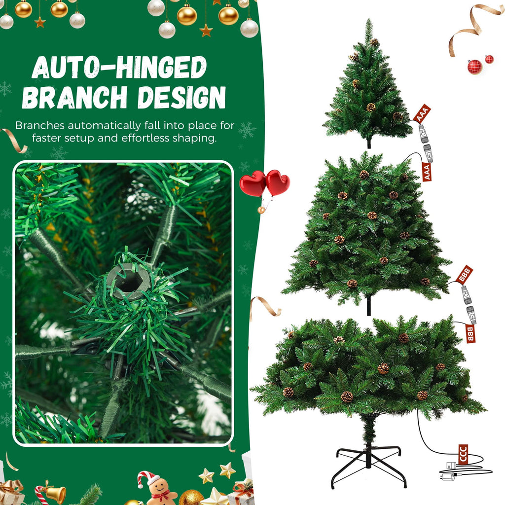 Yexmas 6FT Pre-Lit Green Christmas Tree with Pinecones, Artificial Xmas Tree with Large Storage Bag for Indoor Christmas Decorations