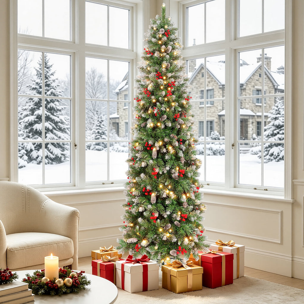 Aufeile 6ft Pencil Christmas Tree, Slim Pre-Lit Xmas Tree, 200 LED Lights, 600 Hinged Tips, Pine Cones, Berries, Metal Stand