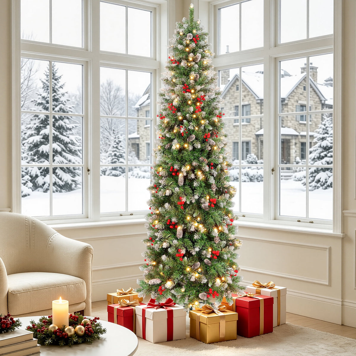 Aufeile 6ft Pencil Christmas Tree, Slim Pre-Lit Xmas Tree, 200 LED Lights, 600 Hinged Tips, Pine Cones, Berries, Metal Stand