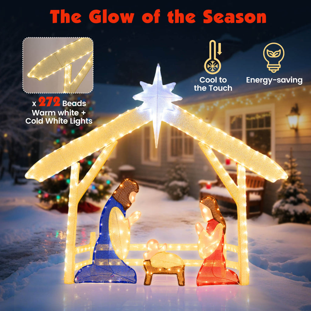 Costway 4 Ft Lighted Nativity Scene with 272 Warm & Cold White LED Lights, Ground Stakes