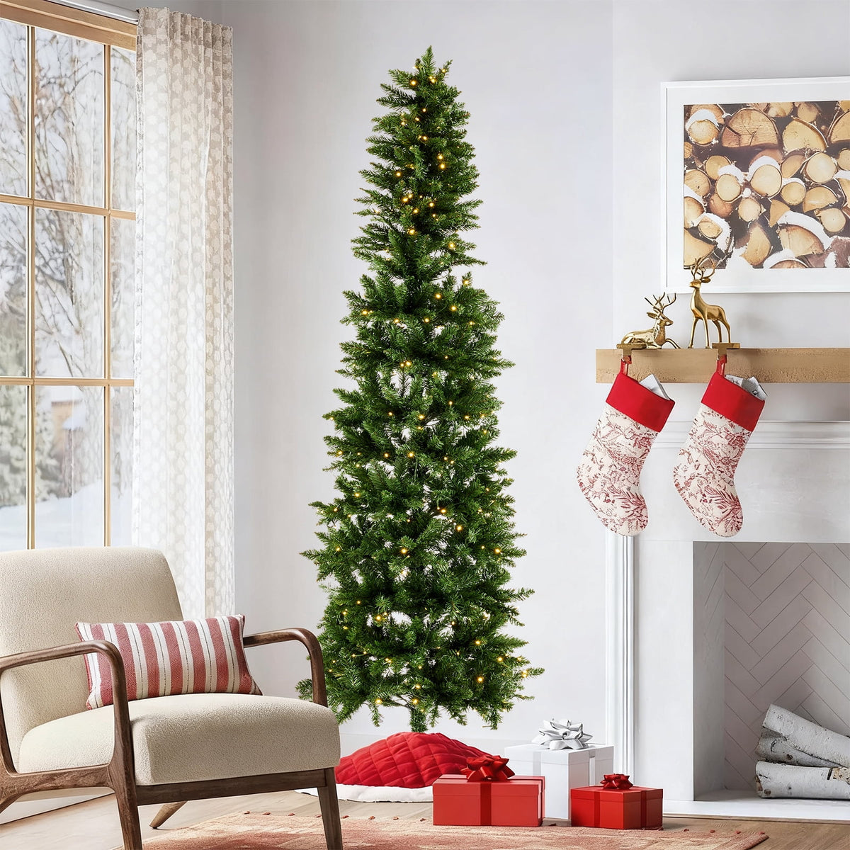 CONCETTA 4.5ft Pre-lit Pencil Christmas Tree, Artificial Slim Christmas Tree with 120 LED Lights and Solid Metal Stand,Green