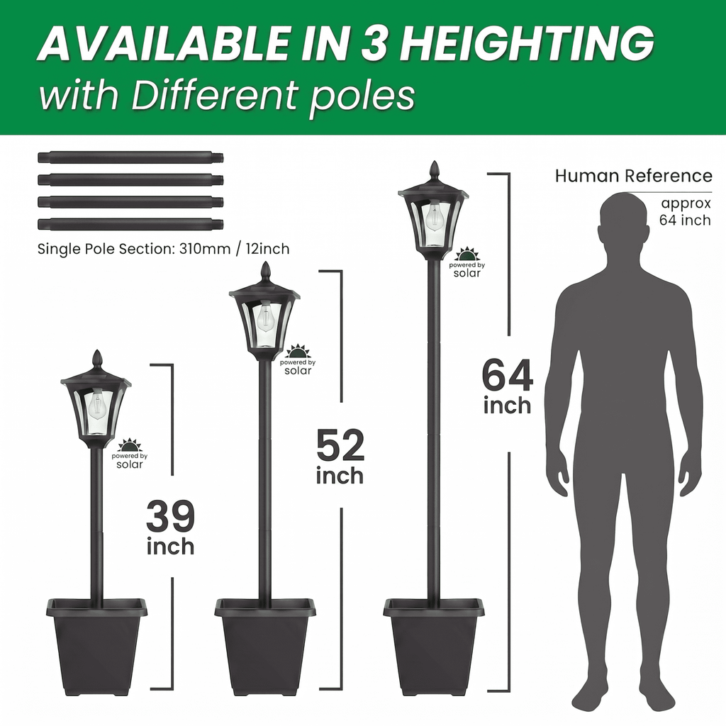 Volivo Solar Lamp Post Light with Planter 63inch, Led Blub 3000K Warm White Solar Pathway Lights Stainless Steel, Waterproof Street Lights for Garden, Porch, Walkway