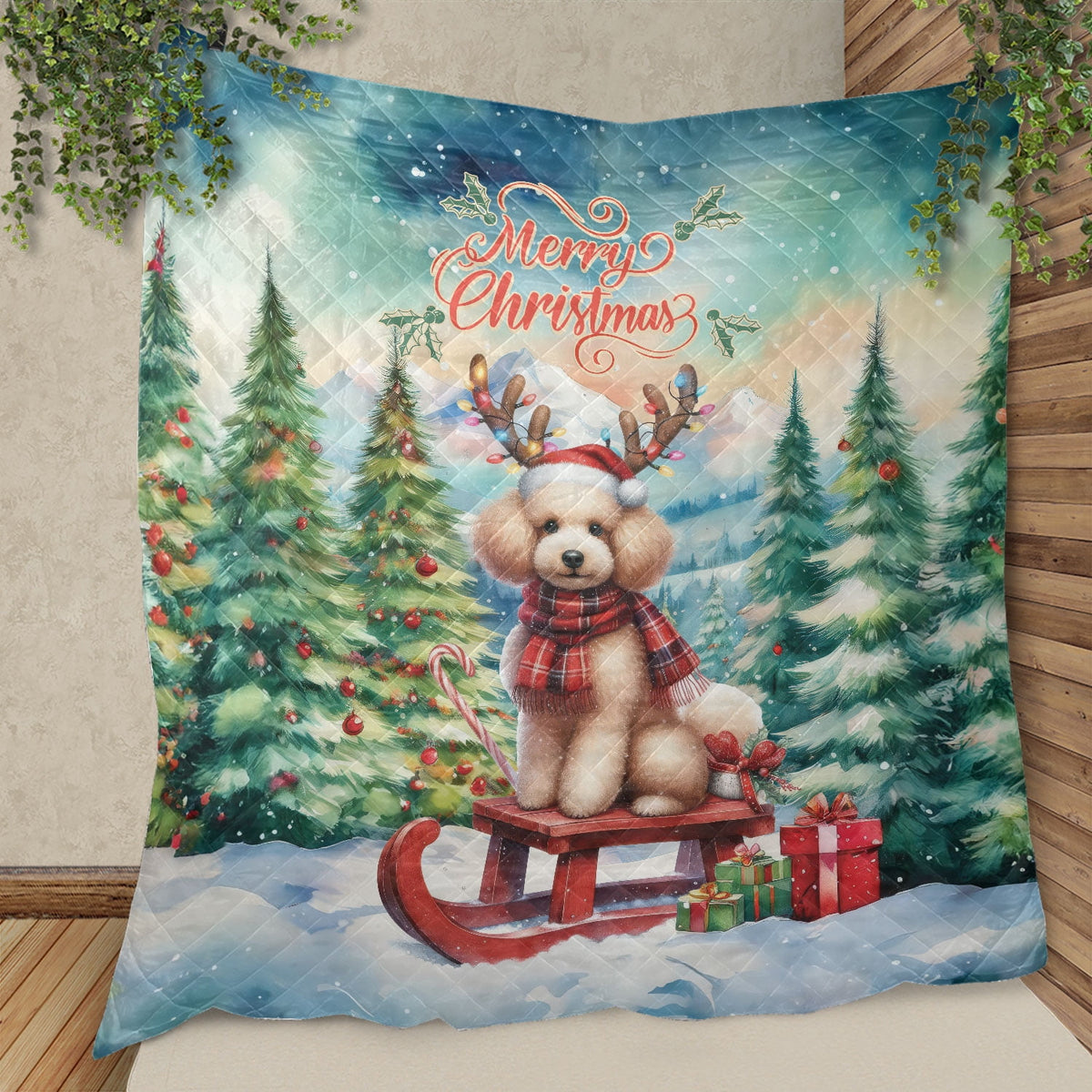 Merry Christmas Santa Reindeer Antlers French Bulldog Sleigh Xmas Winter Holiday Quilt Bedding Set Dog Lover Gifts 1 Blanket Bed Cover 2 Pillowcases - 00023
