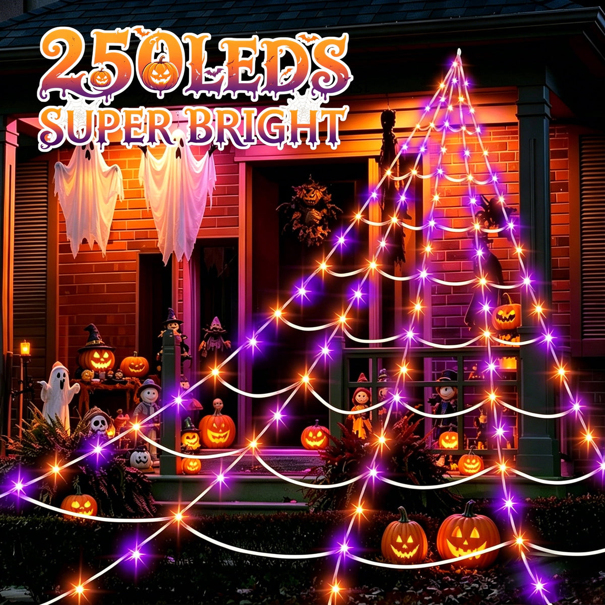 DAYBETTER Halloween Spider Web Lights, 250 LED Holiday Lighting, 15.7x16.4FT Waterproof Web Lights, Remote Control, for Indoor Outdoor Yard Garden Halloween Decor (Purple Light)