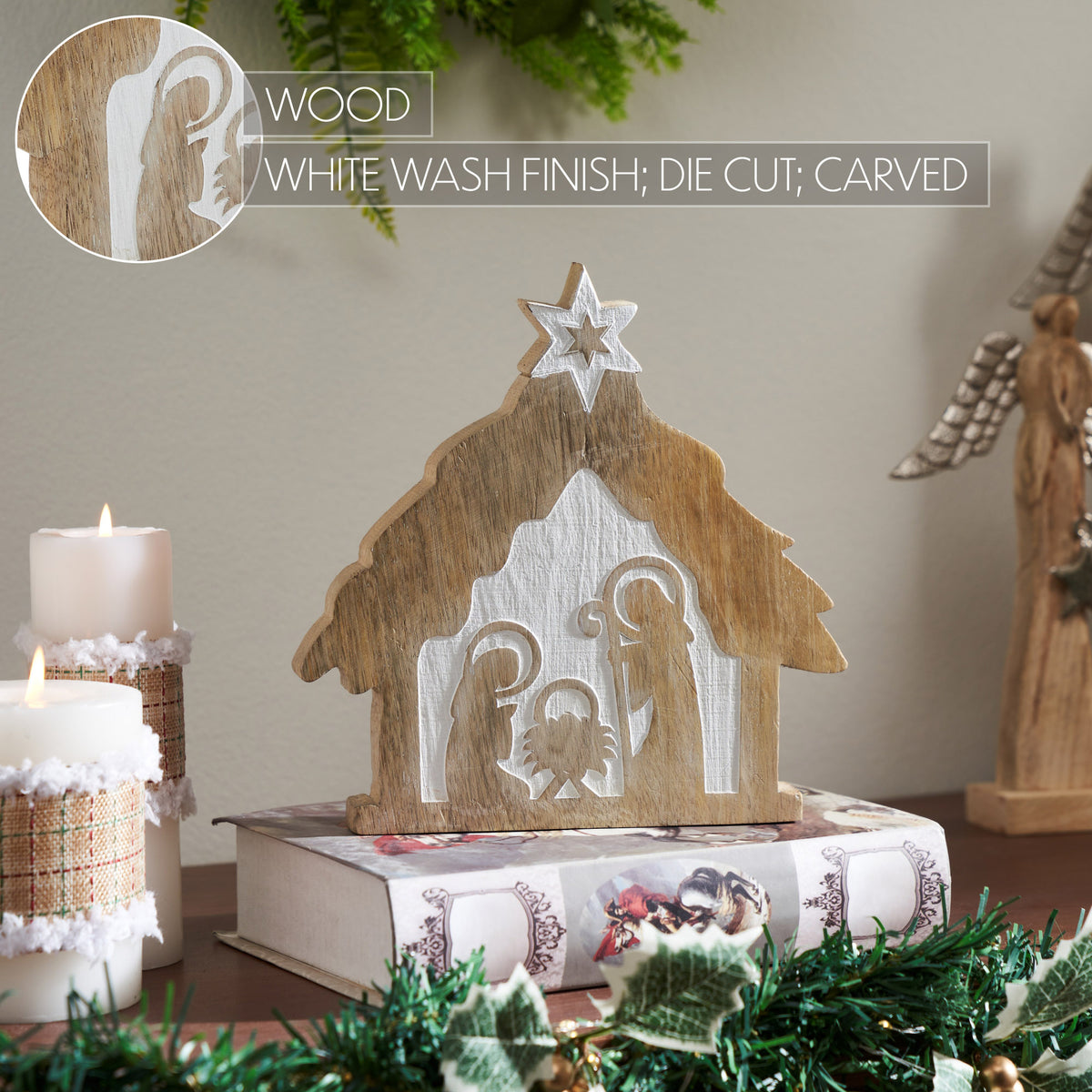 VHC Brands Star of Bethlehem Natural Wooden Nativity Scene 8x8x1