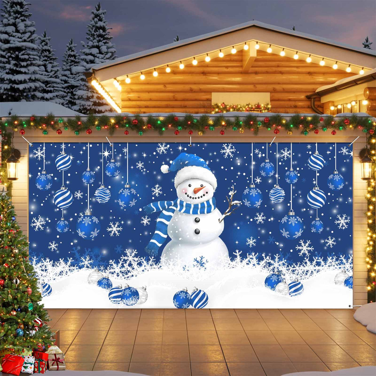 Fsddascl 7 x 16 Ft Christmas Garage Door Cover, Black Christmas Tree Large Garage Door Banner, Xmas Snowflake Green Golden Hanging Garage Mural Background for Indoor Outdoor Xmas Party Supplies