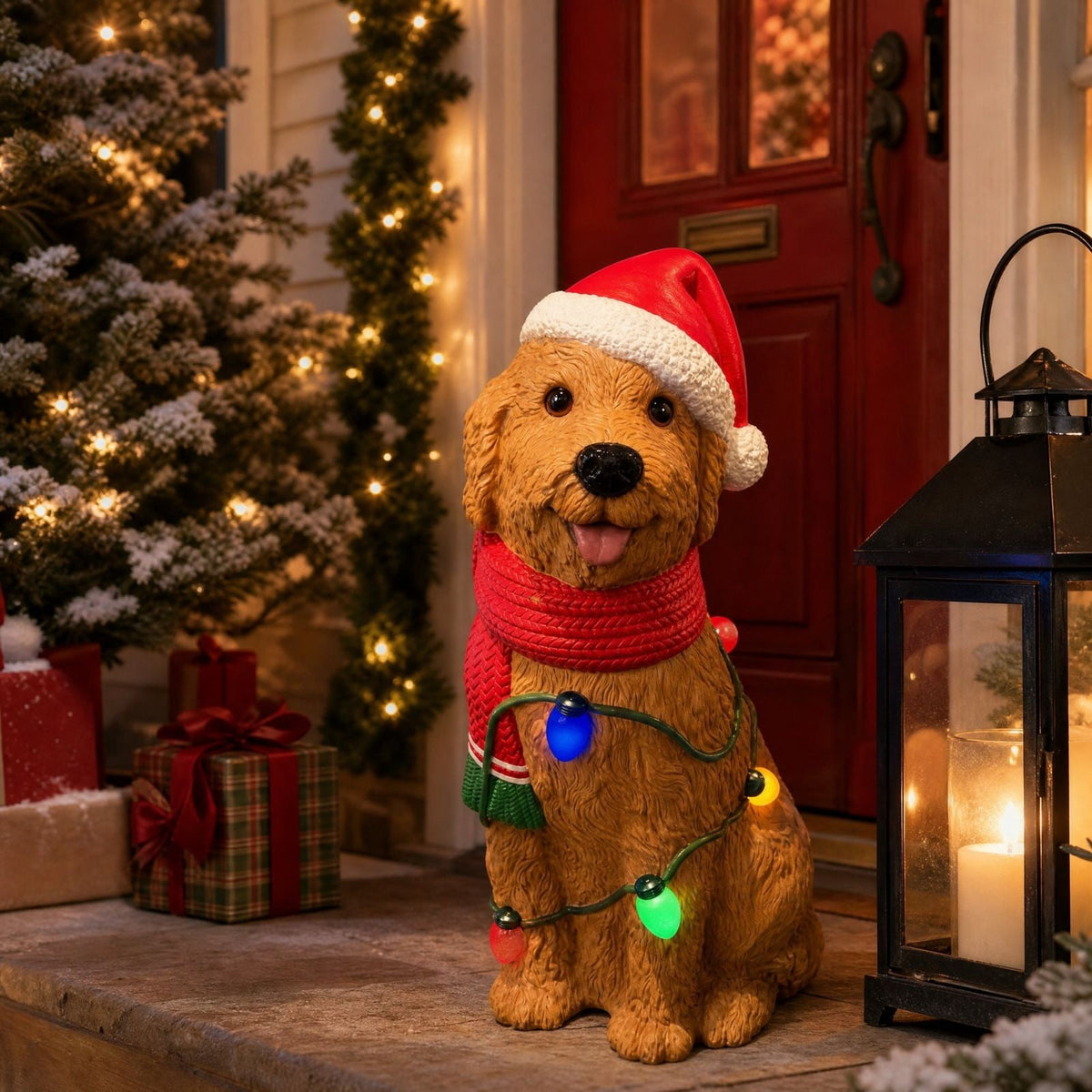 Luckky Lighted Christmas Dog Resin Statue, Santa Hat and Scarf Dog Figurine, 7.87 Inch, Multi-Color LED Lights, Indoor Outdoor Holiday Decor
