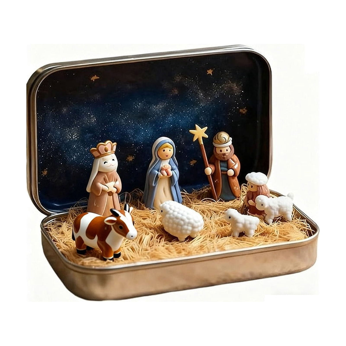 Mini Christmas Nativity Set in a Tin Box, Portable Pocket Birth of Jesus Ornament, Holy Family Sheep and Jesus Figurines, Christmas Interior Decoration for Home Desk, Shelf, Office Decor (3 Set)