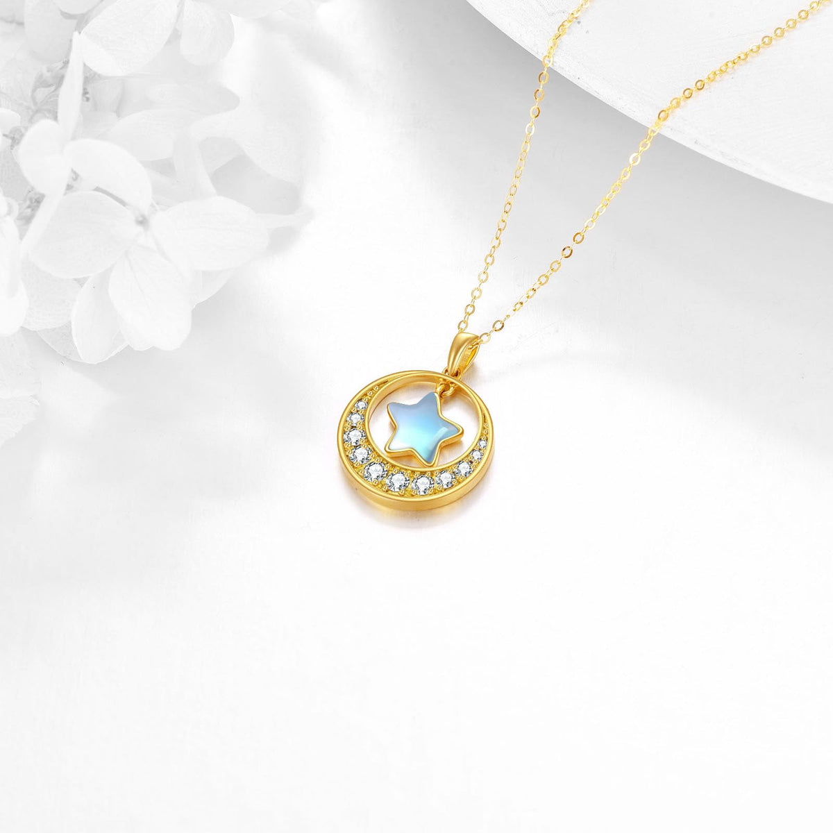 10K Gold Star Necklace for Women Real Gold Crescent Moon and Star Moonstone Pendant Necklace Jewelry Christmas Gifts Wife Daughter Girlfriend Mother