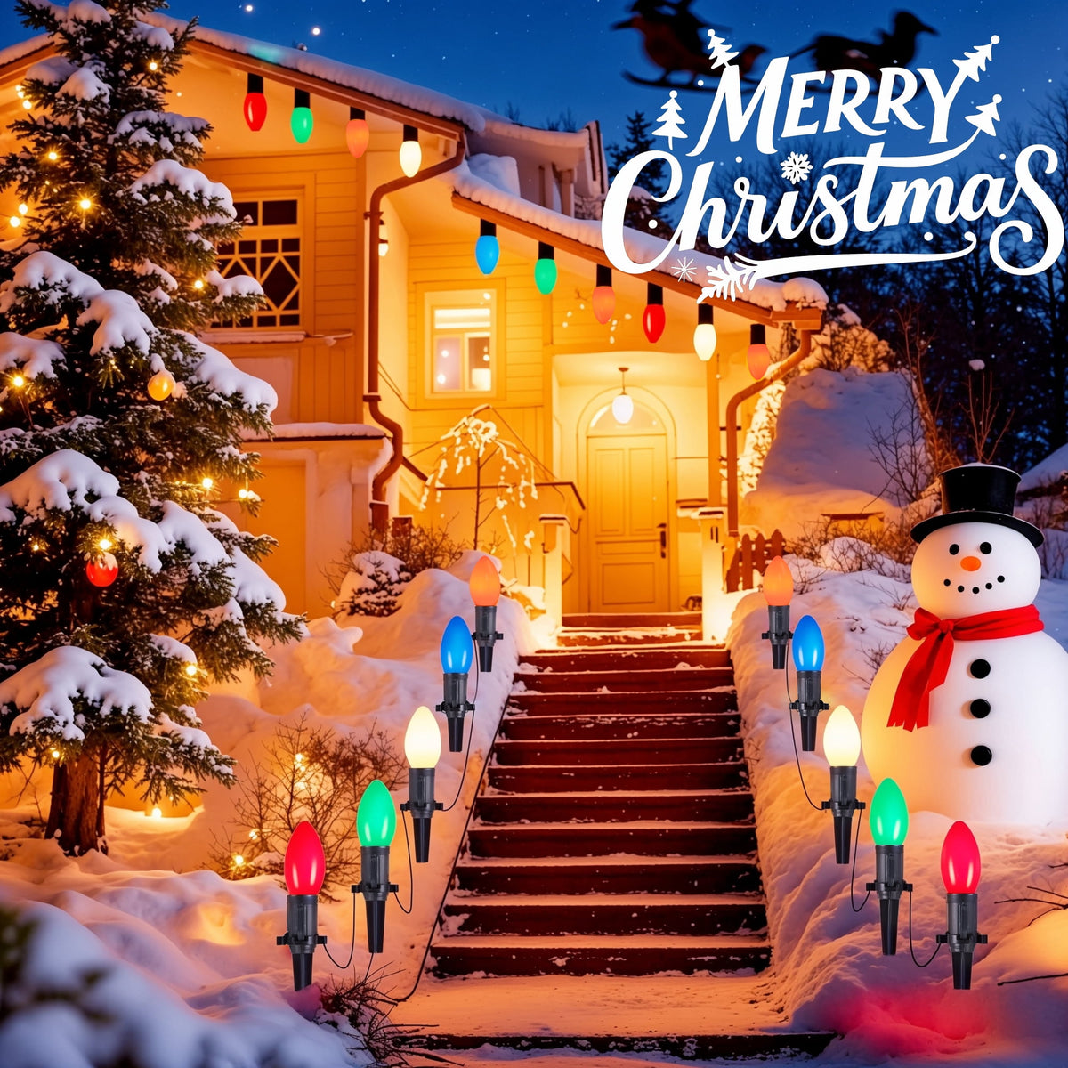 ALLJOY 2 Pack Total 51.5 Ft 40 Bulbs C9 Christmas Pathway Lights with Stakes, Outdoor Christmas String Lights,Christmas Decorations for Yard Walkway Sidewalk, Halloween& Christmas Lights