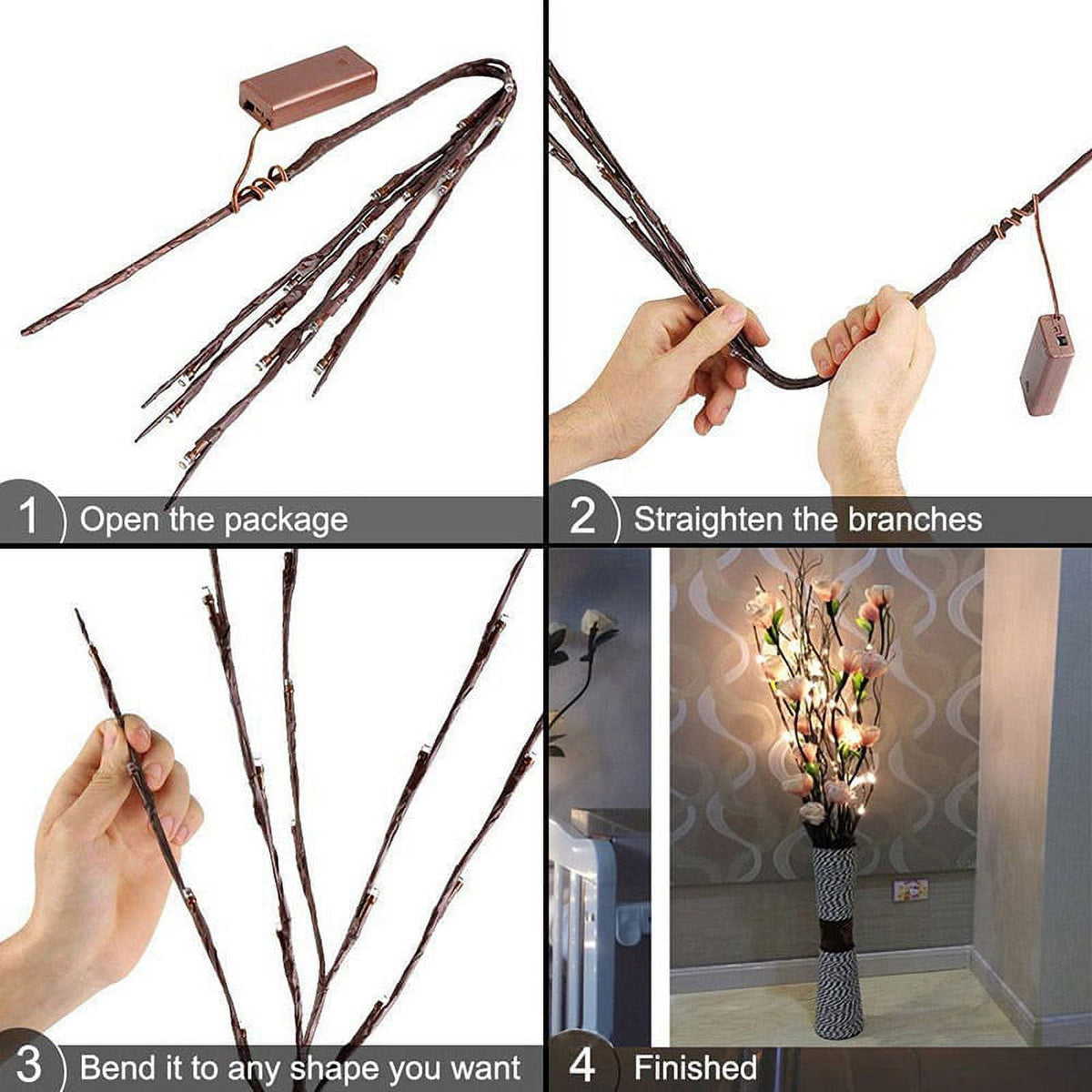 3 Pack Lighted Branches for Vases Plug in - Christmas DIY Twig Pathway Lights with 60 LED Bulbs, Artificial Tree Bendable Xmas Fairy Lights with Stakes(Vase NOT Included)