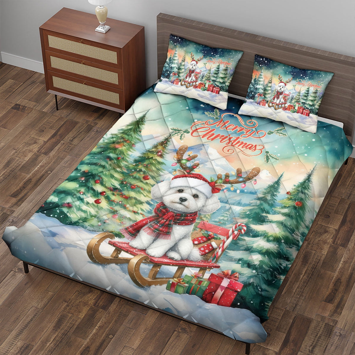 Merry Christmas Santa Reindeer Antlers French Bulldog Sleigh Xmas Winter Holiday Quilt Bedding Set Dog Lover Gifts 1 Blanket Bed Cover 2 Pillowcases - 00023