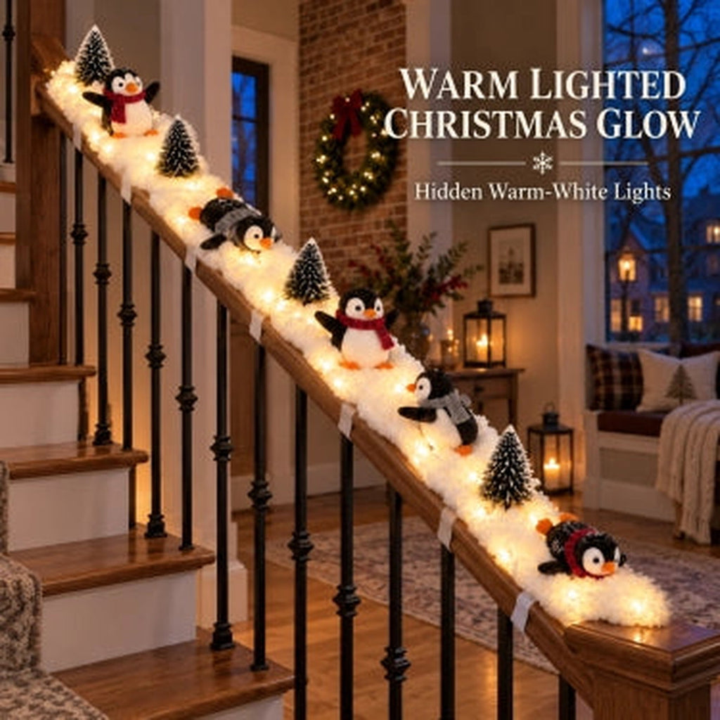 5Pack Penguin Christmas Stair Snow Decor Set,Festive Railing Accent with Playful Winter Scene,