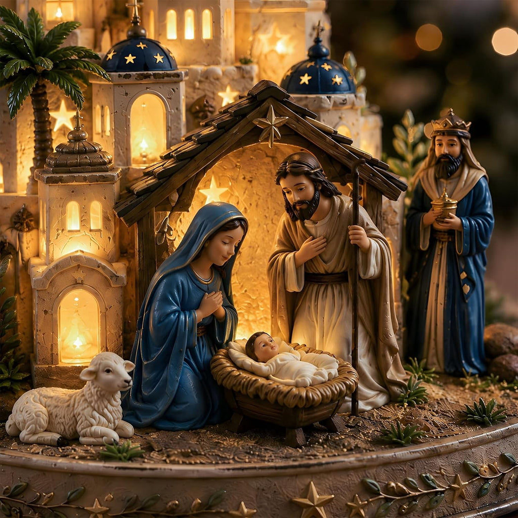 Nativity Set, Star of Bethlehem Lighted Nativity Scene with Church Tower, Manger Figures, Lighted Christmas Church Tabletop Decor