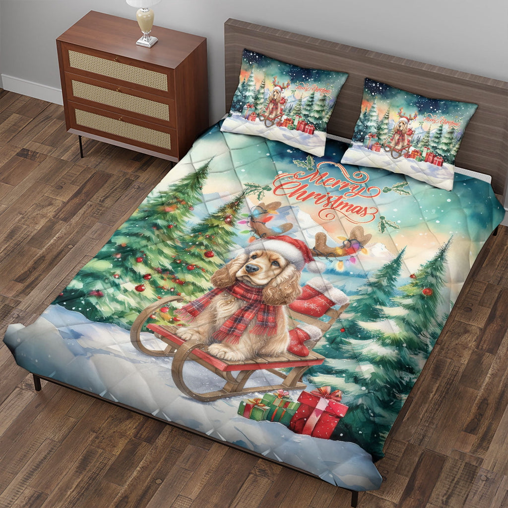 Merry Christmas Santa Reindeer Antlers French Bulldog Sleigh Xmas Winter Holiday Quilt Bedding Set Dog Lover Gifts 1 Blanket Bed Cover 2 Pillowcases - 00023