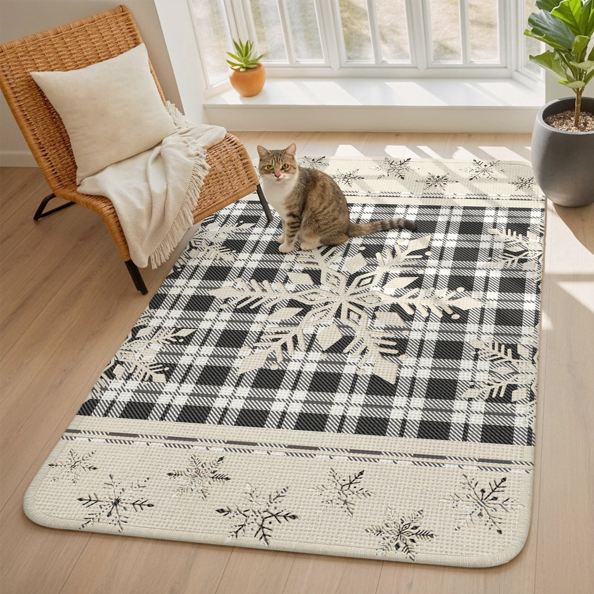 Christmas Snowflake Washable Area Rugs for Living Room Bedroom, Large Non Slip Indoor Floor Carpet Absorbent Low Pile Black Plaid Xmas Winter Rustic Door Mat Rugs for Bathroom Entryway 63"x78.7"