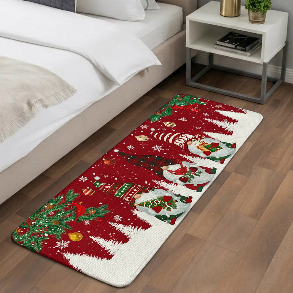 Hallway Runner Rug 31.5"x78.7",Christmas Gnomes Absorbent Non Slip Indoor Outdoor Carpet,Red Joy Pine Branches Cardinal Birds Low Profile Runner Rugs for Corridor Kitchen Laundry Room Entryway