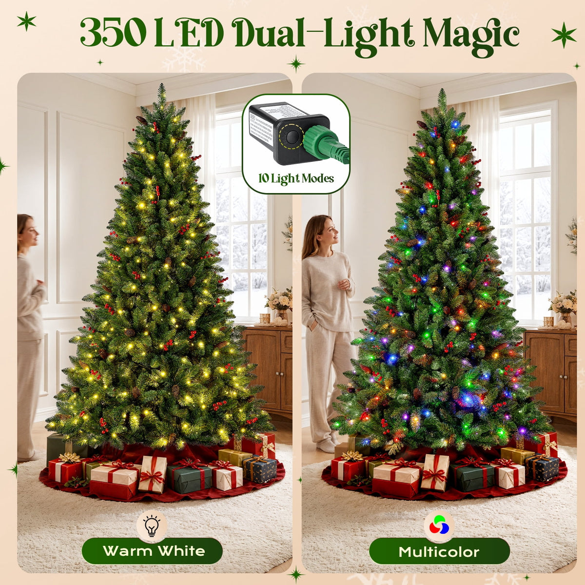 Goosiay Artificial Christmas Tree Pre-Lit Flocked Hinged with Red Berries & Pinecones, 350 Warm White & Multicolor LED Lights, 7 ft
