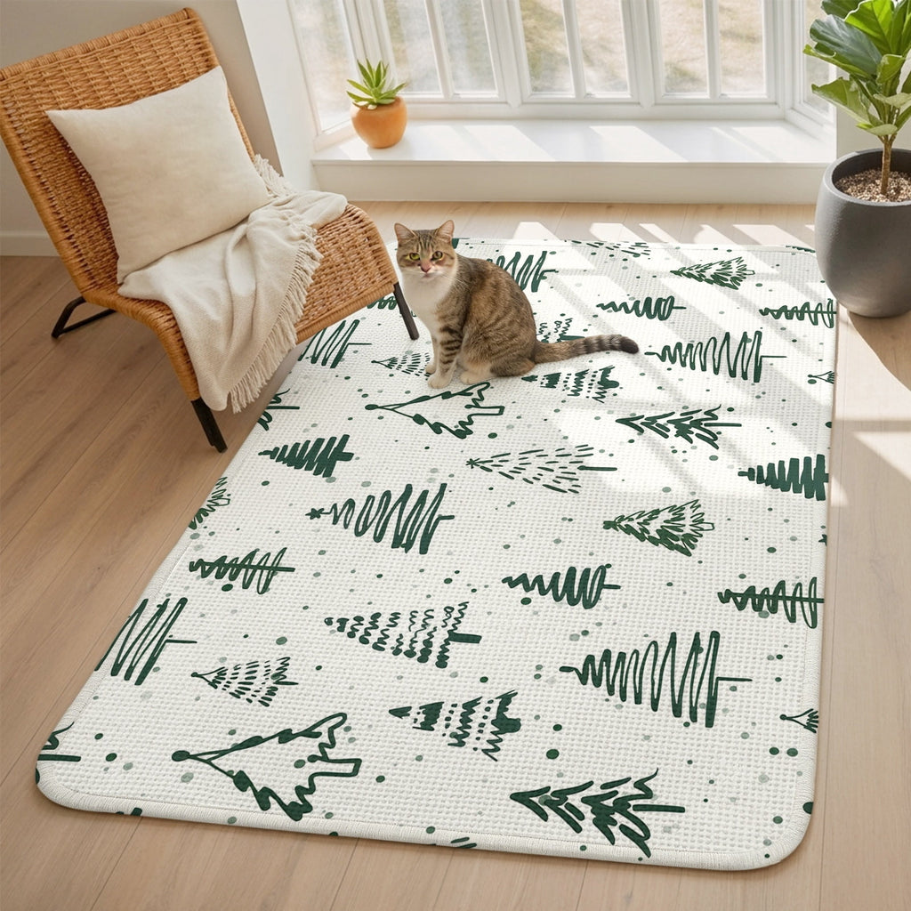 Large Area Rug 63"x78.7",Christmas Tree Absorbent Non Slip Indoor Outdoor Carpet,Xmas Green Cartoon Tree Snowflakes Farmhouse Low Profile Floor Rug Doormat for Living Room Dining Room Bedroom Office