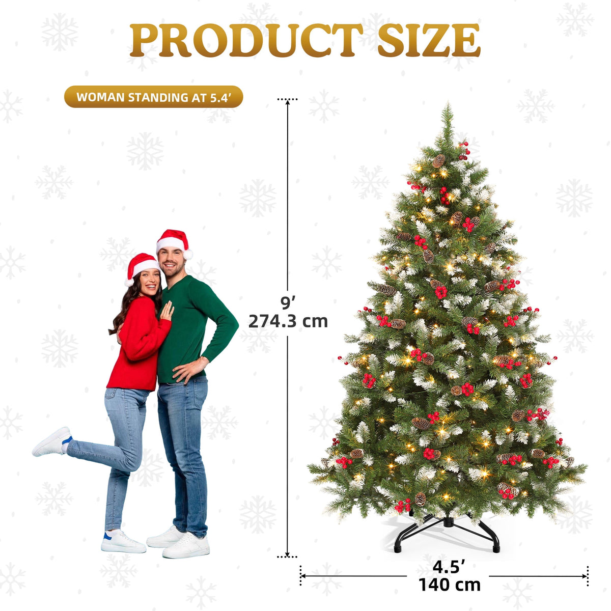 Uforic 9ft Pre-Lit Artificial Hinged Christmas Tree with 2058Frosted Tips & 900 Lights, 111Pine Cones & 111Red Berries, Remote Control, Green