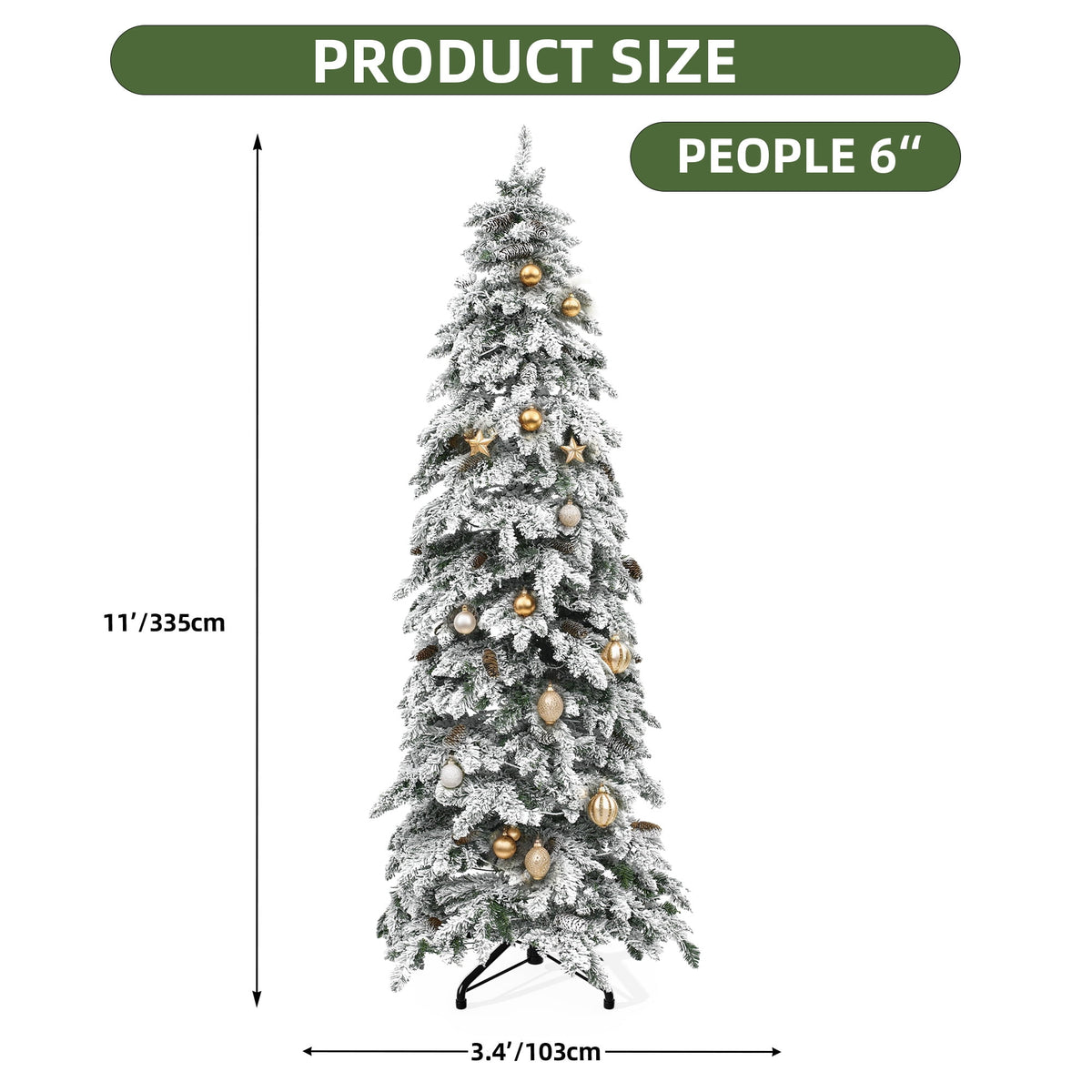 Uforic 9ft Pre-lit Flocked Pencil Spruce Christmas Tree with 1642 Branch Tips & 480 Lights, Remote Control, 11 Light Modes, White Flocked