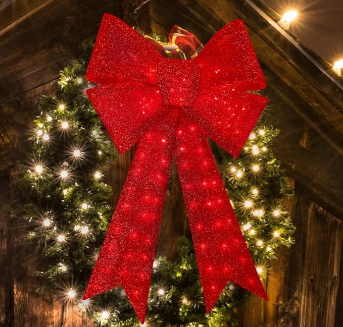 40 Inch Lighted Glitter Red Christmas Bow, 99 LED Decorative Bow for Wreath & Tree Topper, Indoor Outdoor Holiday Party Decoration